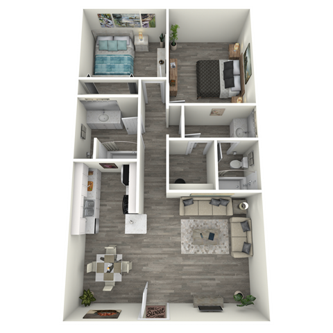 a stylized floor plan with a bedroom and a living room